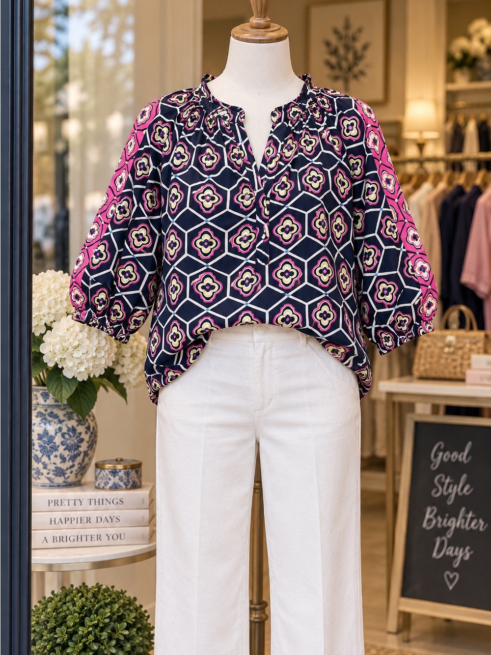 Crown & Ivy Navy Blouse with Pink Yellow Geometric Print 2X